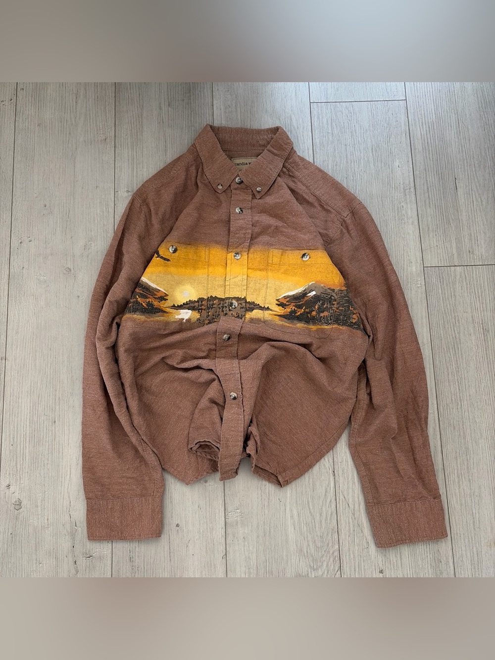 Men's Brown Button-Up Shirt Jacket with Yellow Scenic Chest Stripe
